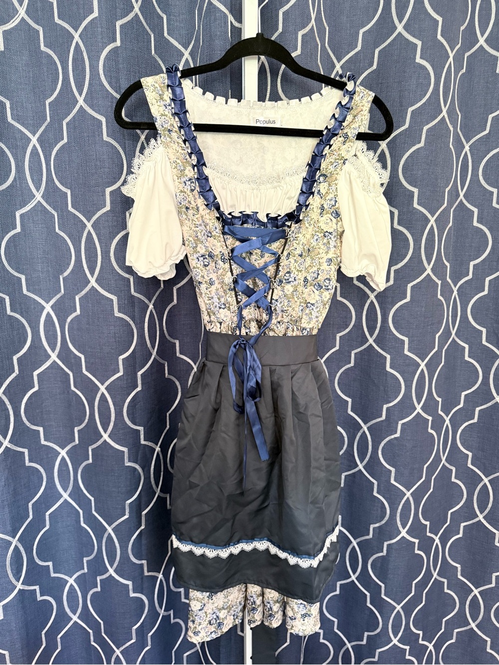 Vintage-Inspired Floral Dirndl Dress with Navy Apron Costume Sz Small D21